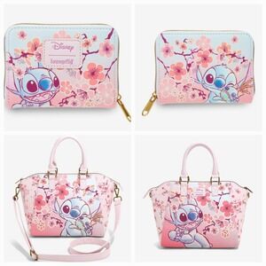 NEW! Loungefly Disney Stitch Scrump Cherry Blossom SATCHEL BAG & Matching WALLET
